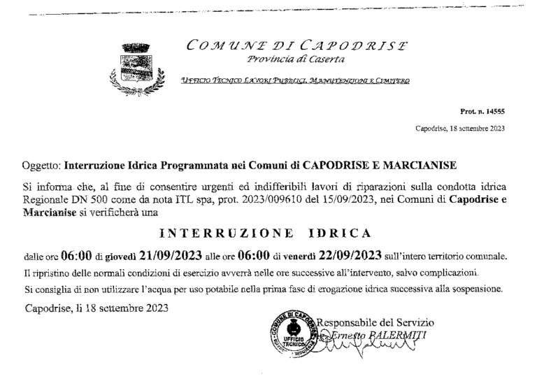 Interruzione Idrica - Comune di Capodrise